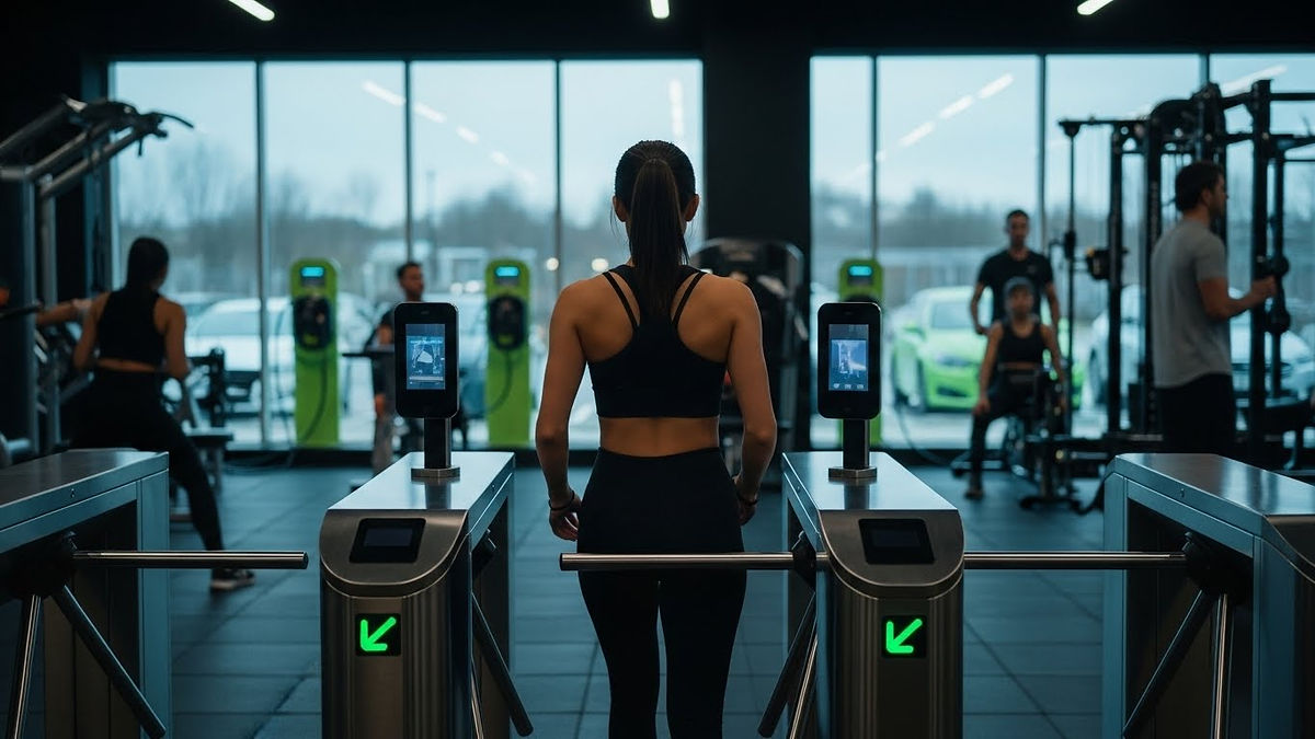 Aluna acessando academia por controle de acesso facial em catraca automatizada, em ambiente fitness moderno e conectado