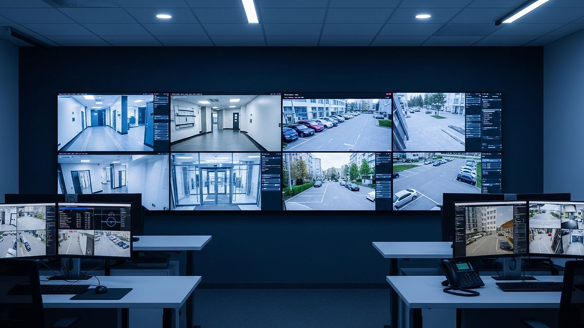Sala moderna de monitoramento com múltiplas telas exibindo imagens de câmeras de segurança em tempo real, representando o uso de câmeras com IA para gestão estratégica.
