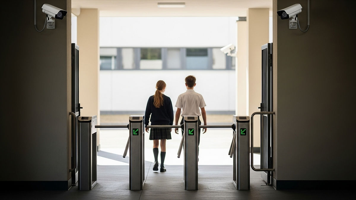 Entrada de escola com catracas de controle de acesso e duas câmeras de segurança instaladas na parte superior, representando os pilares estruturais de uma Escola Segura.