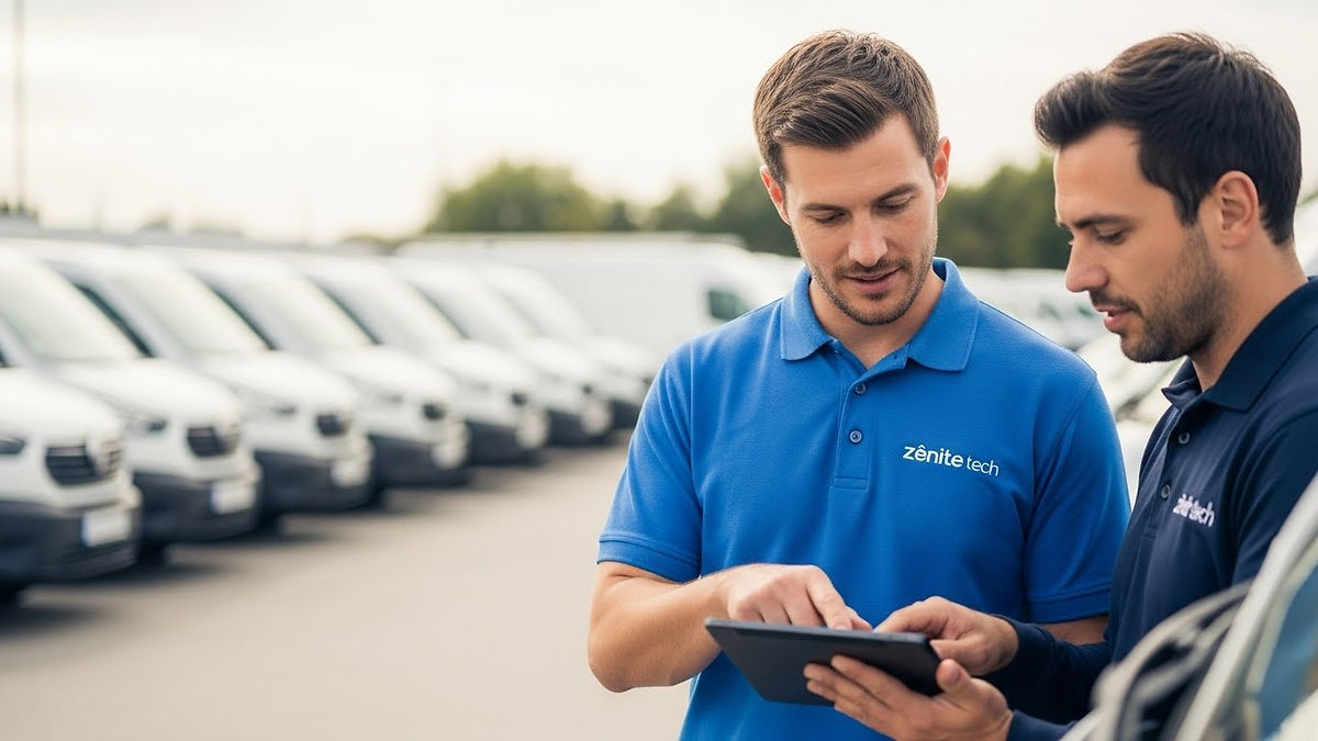 Gestores da Zênite Tech analisando dados de gestão inteligente de frotas em tablet, com veículos alinhados ao fundo em pátio operacional