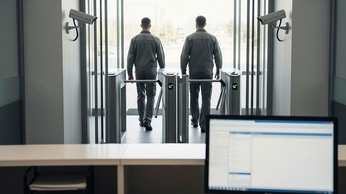 Entrada empresarial com catracas de controle de acesso, dois colaboradores passando e monitor de sistema ao fundo, representando governança baseada em registro físico estruturado.