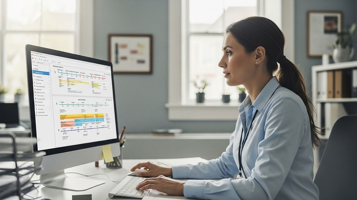 Gestora escolar analisando painel digital de frequência e presença de alunos em sistema de gestão educacional, representando controle automatizado e tomada de decisão baseada em dados.