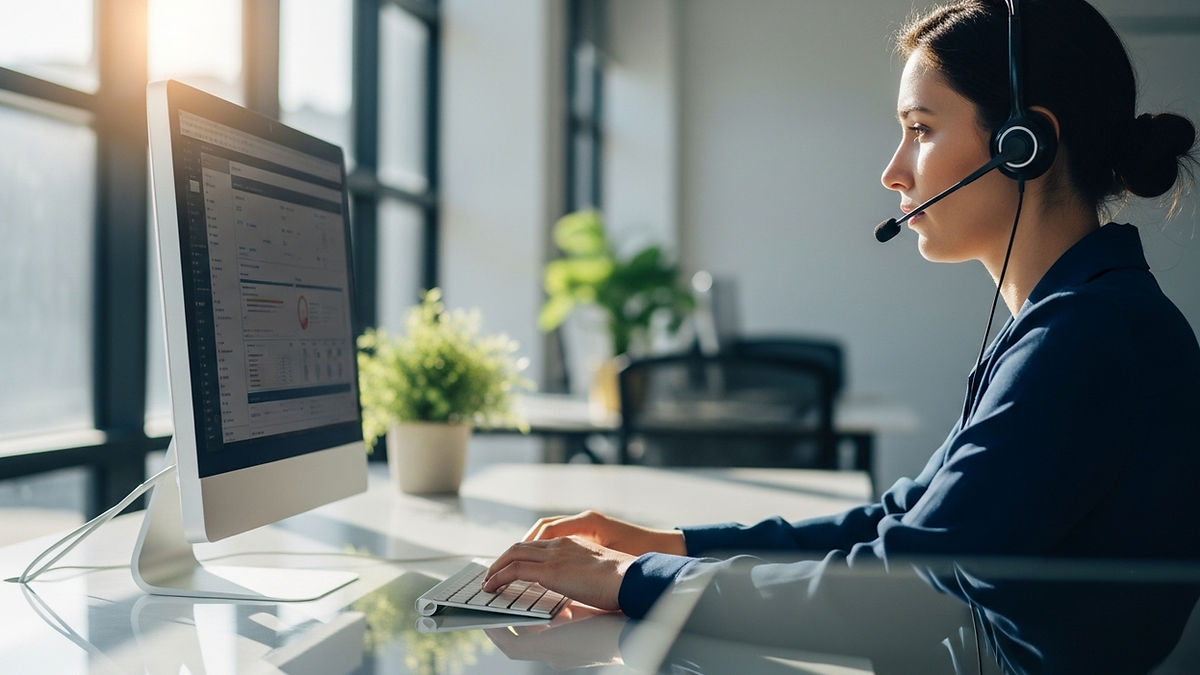 Profissional utilizando headset em frente ao computador com sistema de atendimento aberto, representando PABX em nuvem e gestão de chamadas corporativas.
