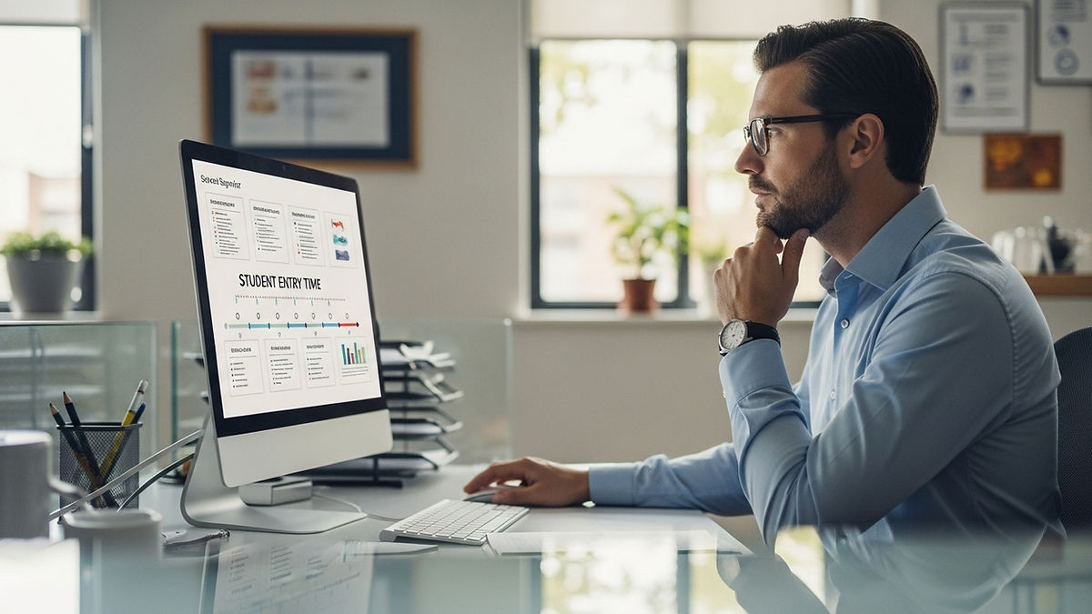 Gestor escolar analisando painel de dados de acesso e presença de alunos em sistema digital, representando previsibilidade da rotina e gestão inteligente da segurança escolar.